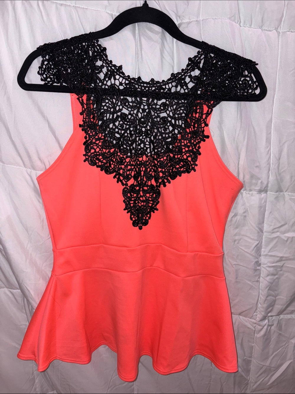 Blu Planet Coral Peplum Tank with Black Crochet Yoke
